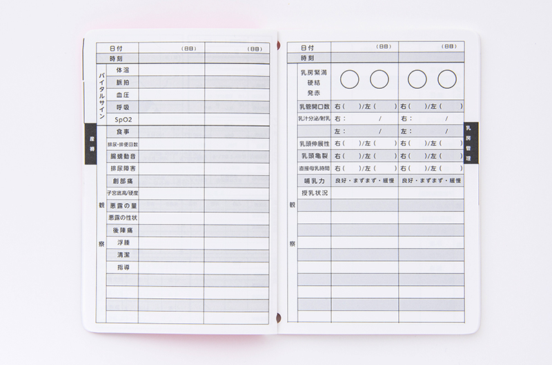 バイタルサイン記入ページ(産褥・乳房管理)